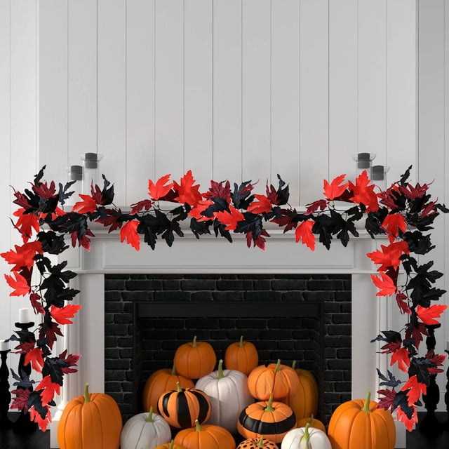 Vides artificiales de hoja de arce negro de Halloween | 2 paquetes de 175cm | Guirnalda colgante flexible de seda de plástico | Misteriosa decoración multicolor para la puerta de la chimenea, repisa