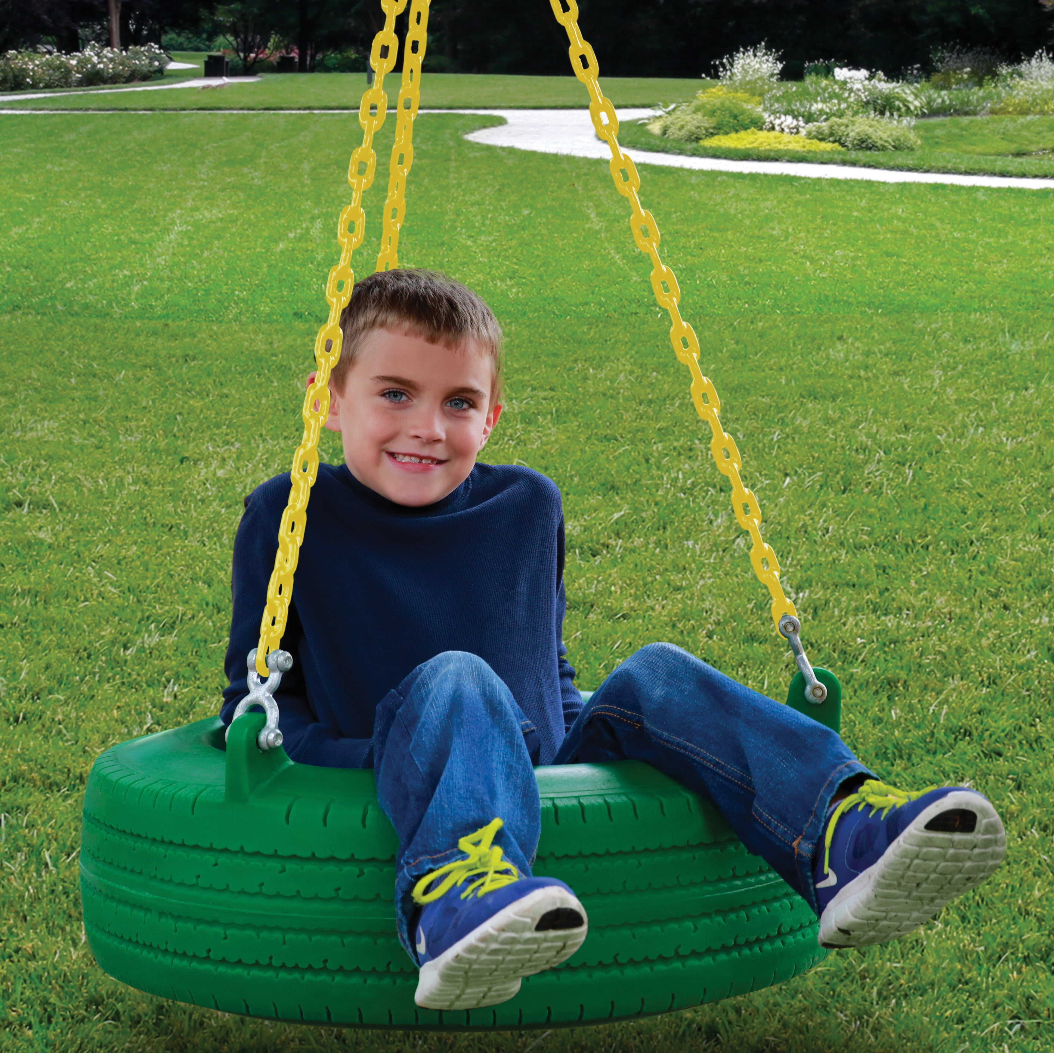 Gorilla Playsets Pioneer Peak Wooden Swing Set with Green Vinyl Canopy, Clatter Bridge and Tower, and Tire Swing