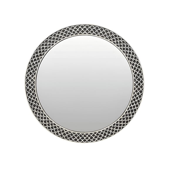 RUDRAKSHA CORPORATION - Bone Inlay Mirror Frame Round Design with Elegant White Floral Border on Dark Background
