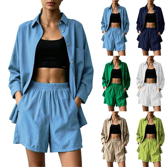 mihongmao Fall Outfit for Ladies Workout Sweatsuit 2 Piece Women's Fashion Plus-Size Loose Casual -Breasted Long-Sleeve Solid Color Top with Pocket Shorts Set Blue 3X