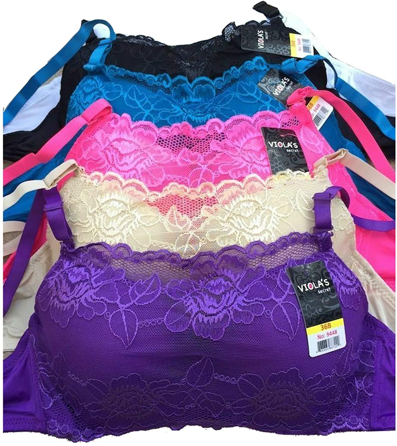 6 Pieces Full Coverage Camisole Demi Front Lace Cami Bra AC (32B, 9448