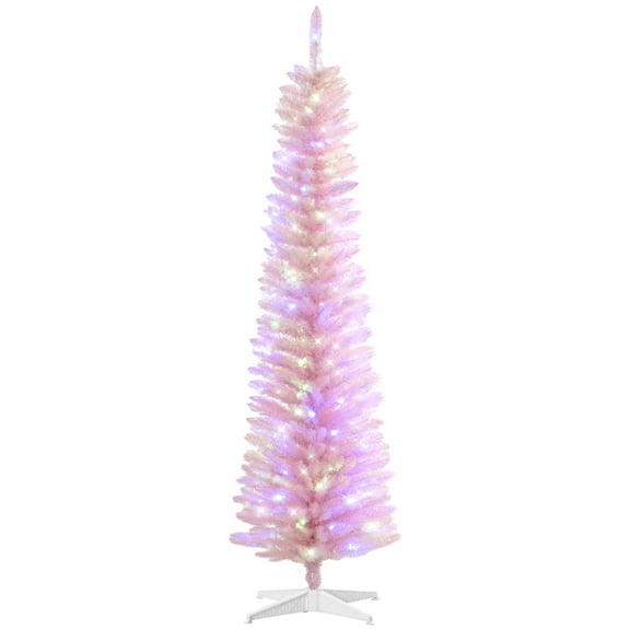 Christmas Tree HOMCOM 6ft Tall Pencil Prelit Artificial Christmas Tree Holiday Décor with 360 Colorful Surface Branches, 200 Colorful LED Lights, Pink,Flocked Christmas Tree