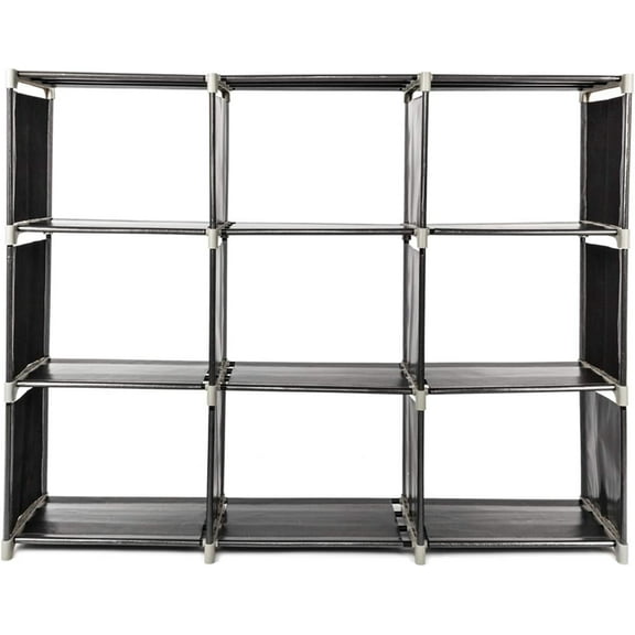Multifunctional 3-Tier Black Storage Shelf - Easy Assembly with 9 Compartments for Home Organization, Tall Shelving Unit for Bathroom, Kitchen, and Living Room