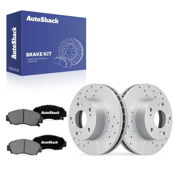 AutoShack Front Vented Drilled & Slotted Coated Brake Rotors Silver Matte Finish   Ceramic Pads 6-PC Brake Kit Replacement for 2004 Honda Civic TurboGuard 10.31" (261.9 mm)