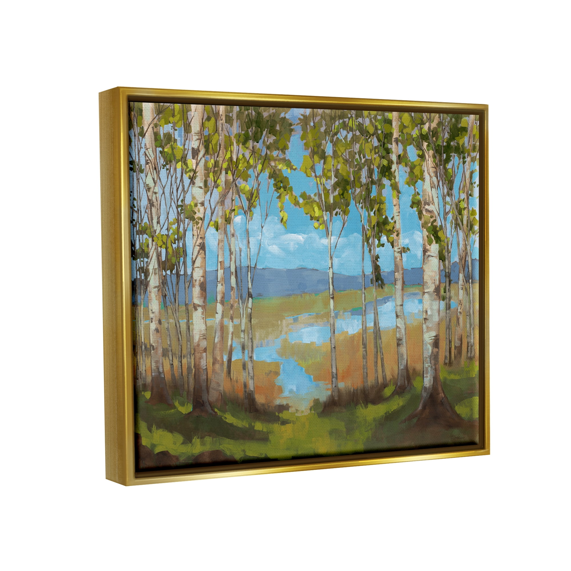 Stupell Industries Lake & Birch Tree Landscape Nature Painting Gold Floater Framed Art Print Wall Art, 21 x 17