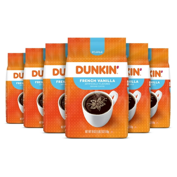 (6 pack) Dunkin’ French Vanilla Artificially Flavored Ground Coffee, 18 oz Bag