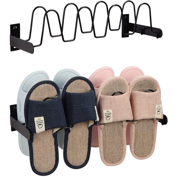 Lavezee Wall Mounted Shoe Rack Organizer 8 Pairs Sandals Slippers, Set of 2 Black Metal Shoe Storage Holder for Wall, Entryway, Bathroom