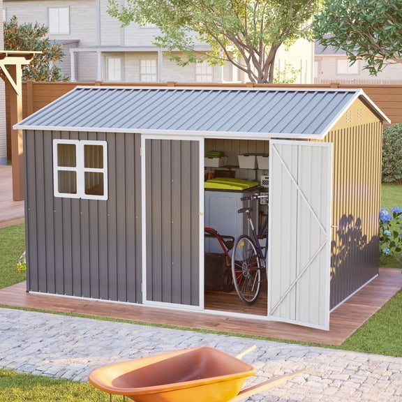 10'x8' Steel Storage Shed with Lockable Doors and Window, Dark Gray
