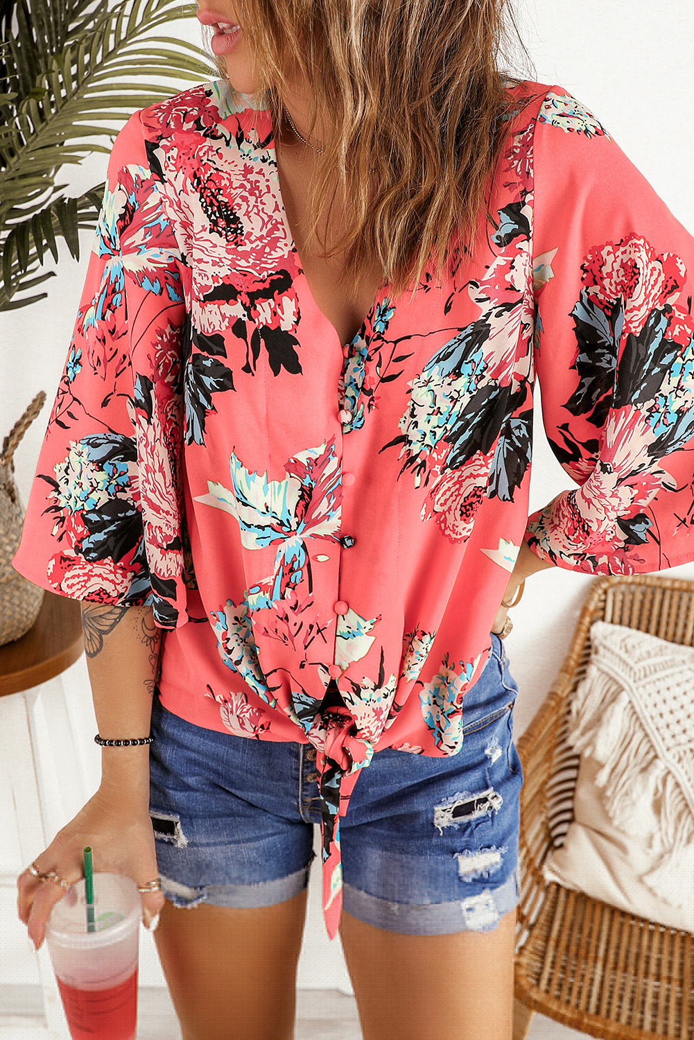 thumbnail image 2 of POGLIP Women's Orange Floral Print Button Tie Top, 2 of 6
