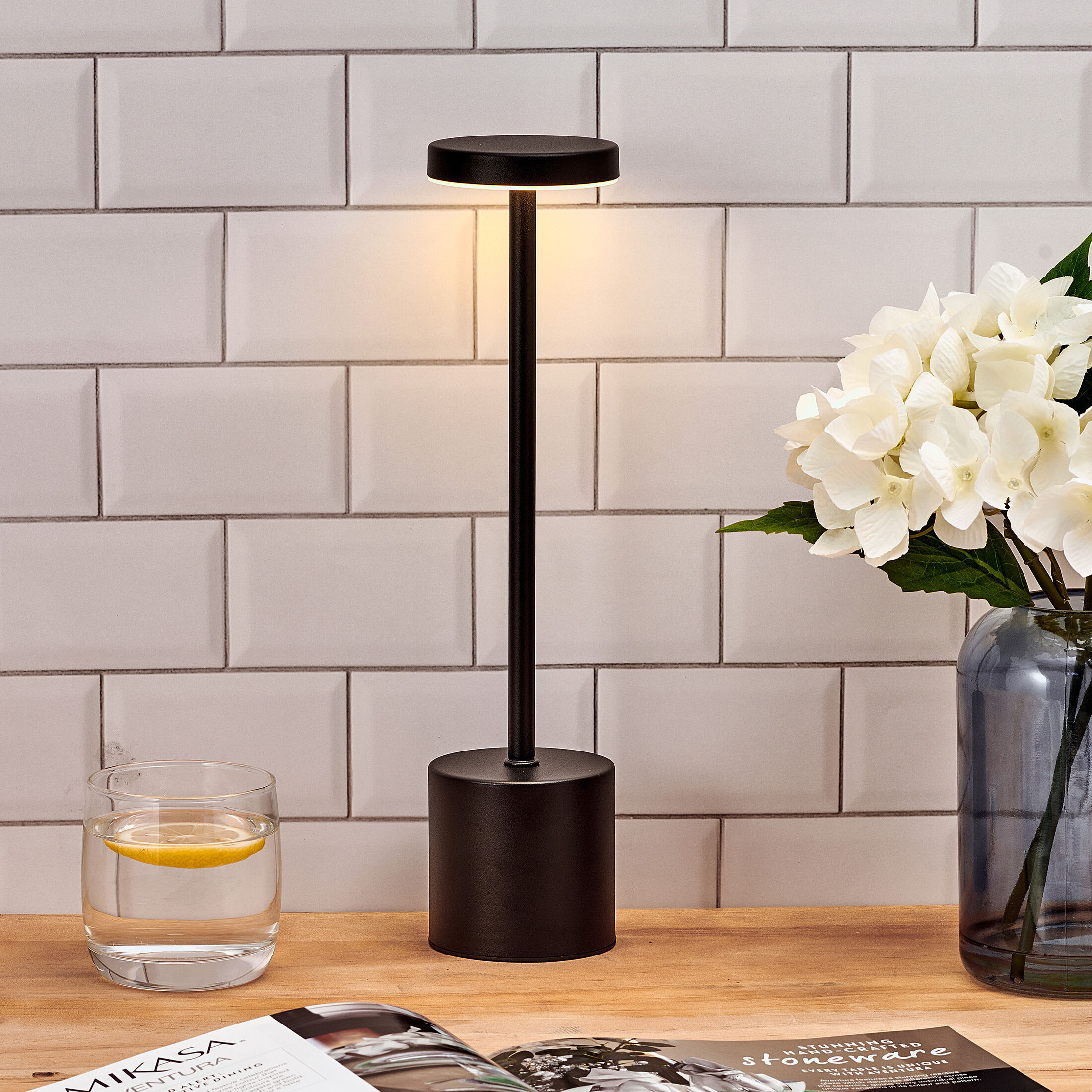 Home Accents 13.5 inch LED Cordless Metal Table Lamp, Rechargeable 3 Color Stepless Dimming, Black