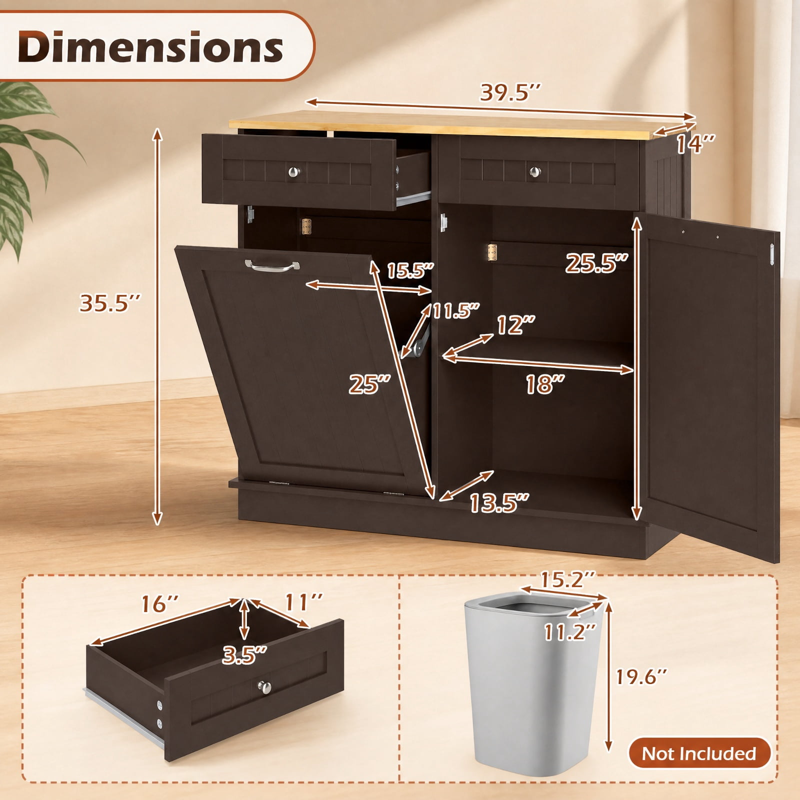 Furnibear Kitchen Tilt Out Trash Cabinet with 2 Drawers Wood Top and Adjustable Shelf Hidden Storage for Kitchen and Dining Room, Rustic Brown