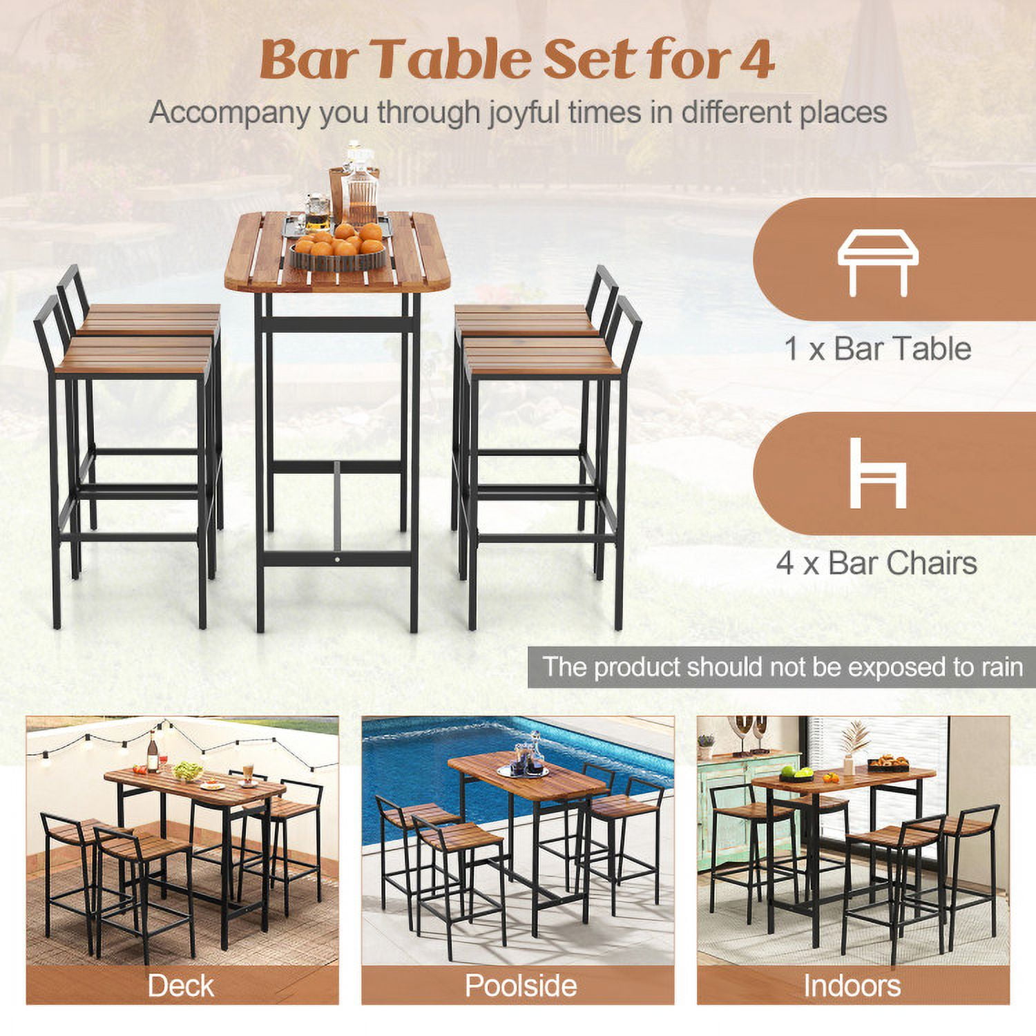 Aimee Lii 5 Piece Acacia Wood Bar Table Set Bar Height Table and Chairs with Metal Frame and Footrest, Outdoor Patio Furniture