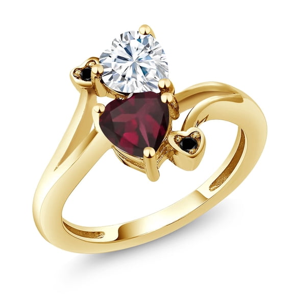 Gem Stone King 18K Yellow Gold Plated Silver White Moissanite Red Rhodolite Garnet and Black Diamond Ring for Women (1.55 Cttw, Heart Shape 6MM, Gemstone Birthstone, Size 5)