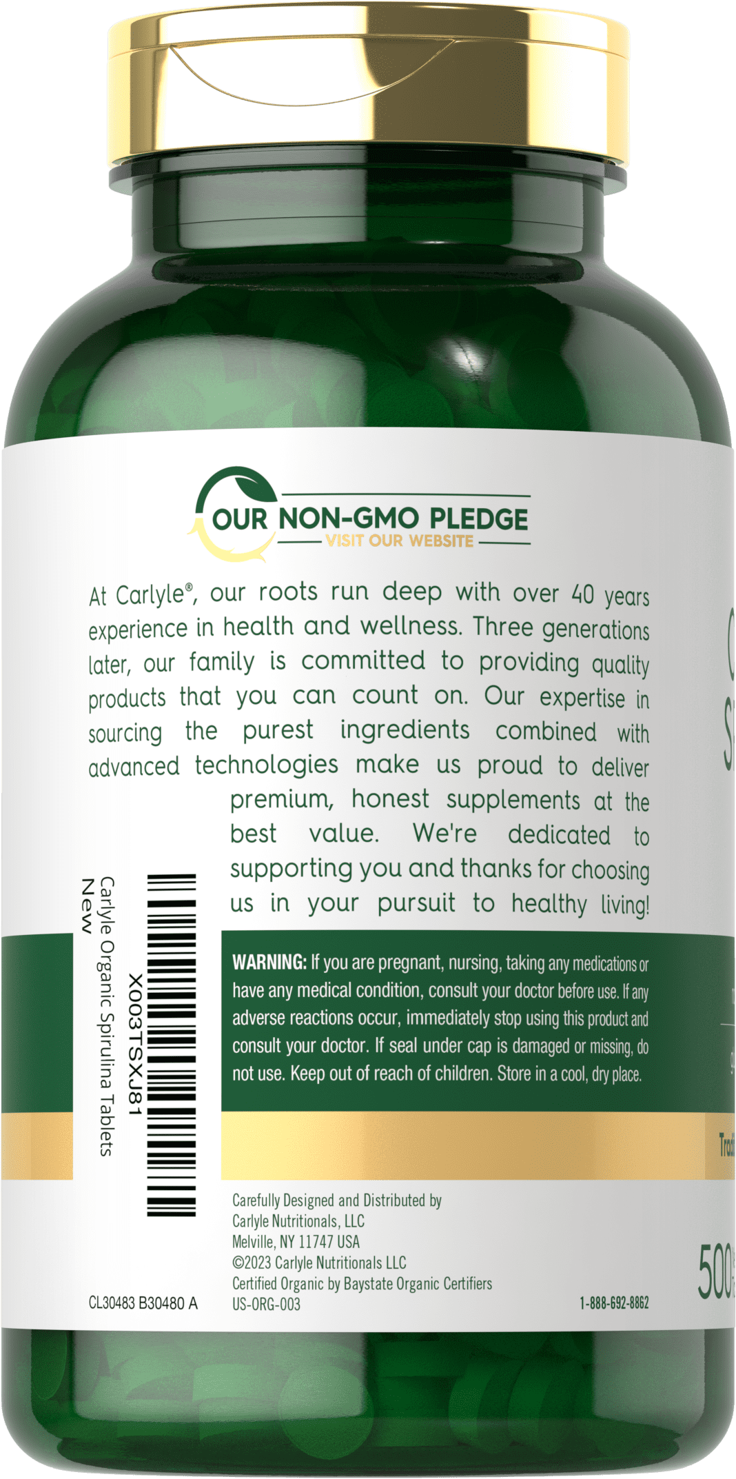 Organic Spirulina Capsules 3500mg | 500 Tablets | Non-GMO & Gluten Free | By Carlyle