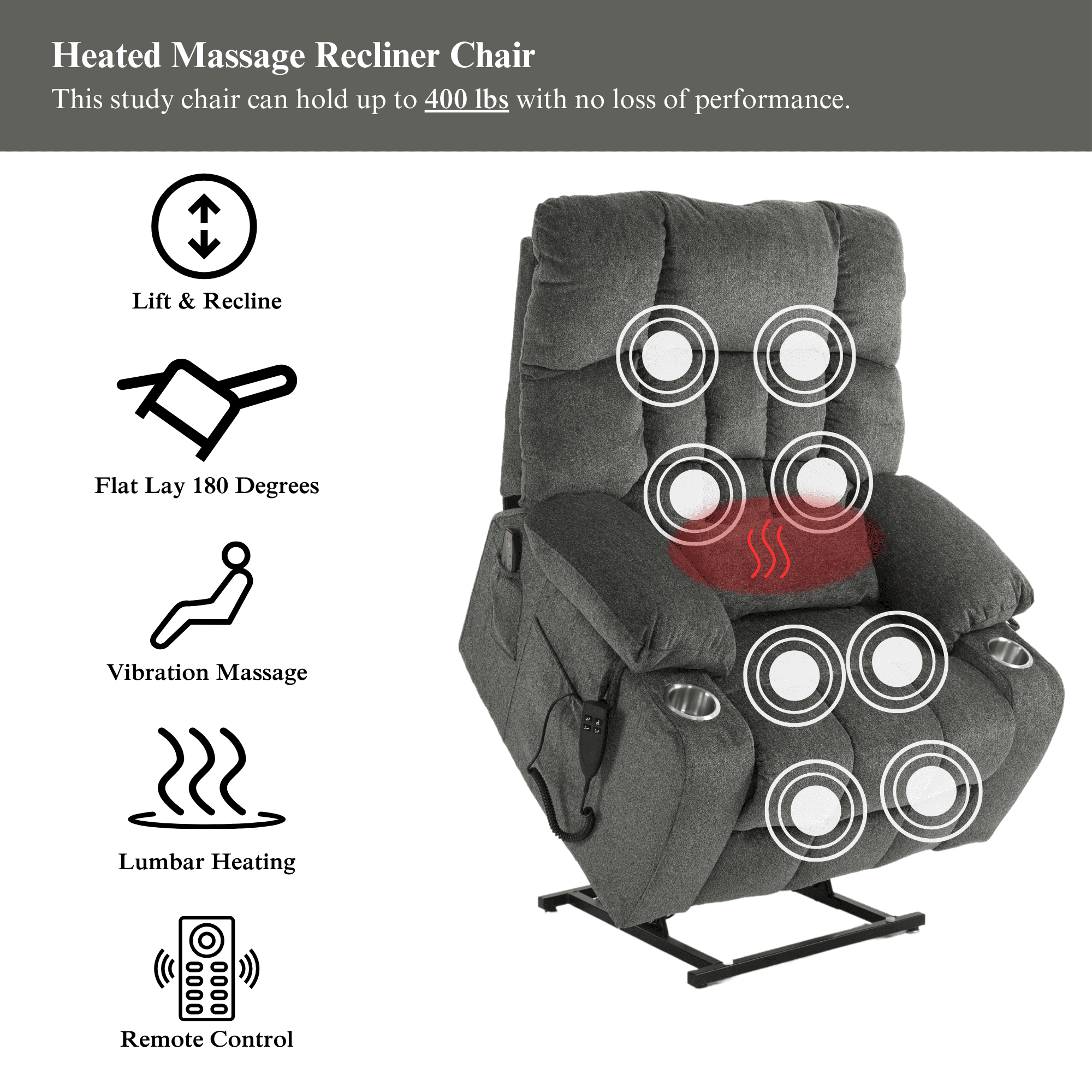 JUUXO Oversized Lay Flat Lift Recliner Chair with Cup Holders, Extra Large Power Lift Chair for Elderly with Heat & Massage, Big Tall 400 lbs