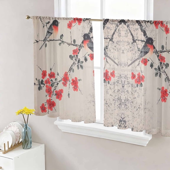 Vintage Red Floral Sheer Curtains 54 Inch Length 2 Panels Set, Farmhouse Birds Botanical Voile Window Treatment Rod Pocket Short Kitchen Curtains Drapes for Bedroom 52"x54"x2