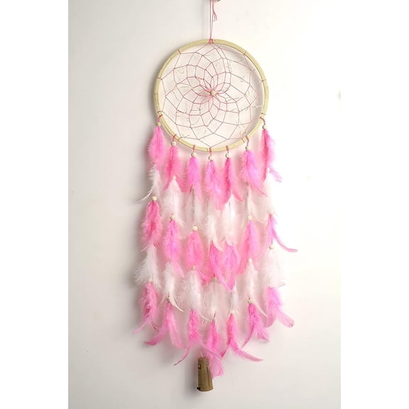 Swadeshi Desire Wood Dream Catcher with Light | Rustic Boho Wall Hanging | Natural Handmade Décor (Color-Pink, 7inch Ring)