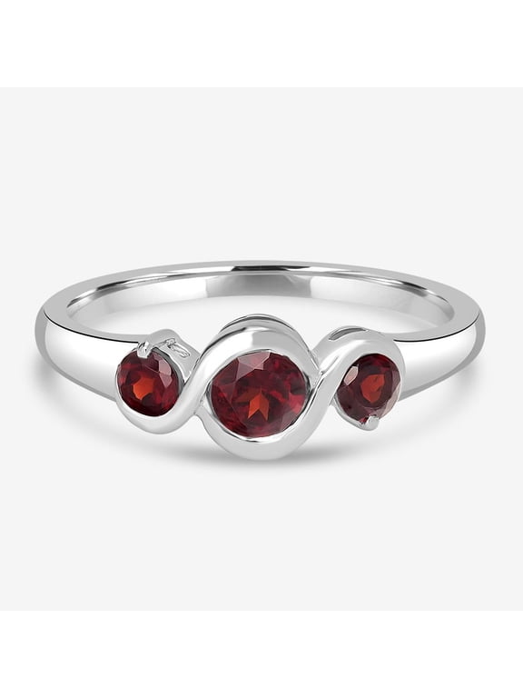 0.63 Ct Round Garnet Three Stone Ring in Sterling Silver