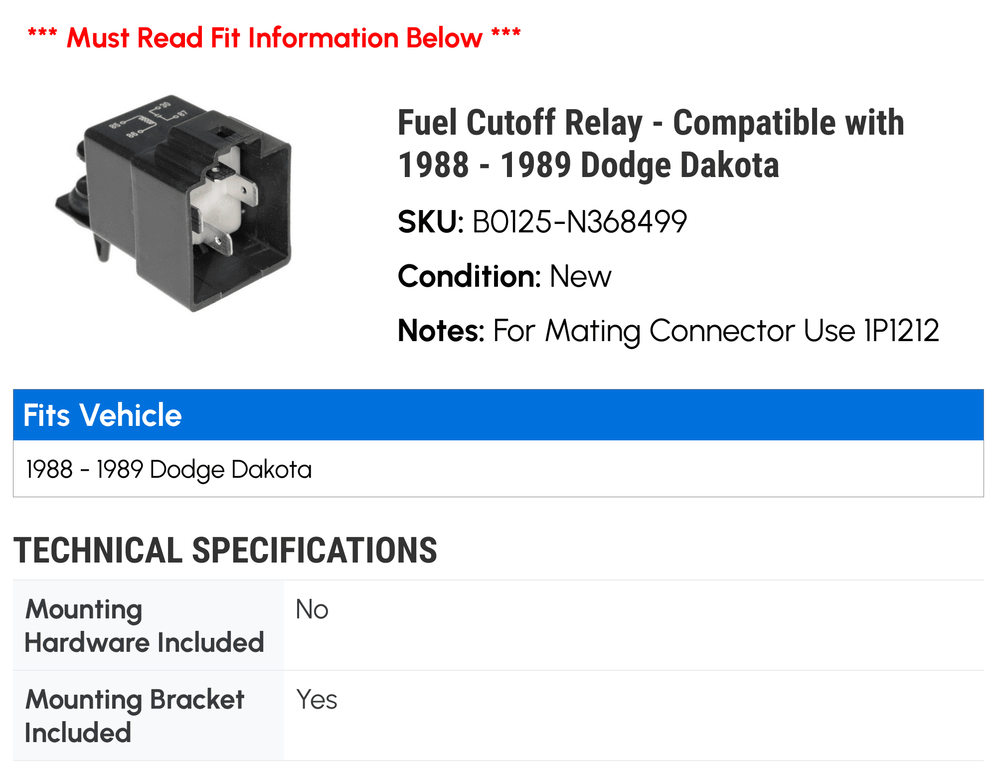 Fuel Cutoff Relay - Compatible with 1988 - 1989 Dodge Dakota