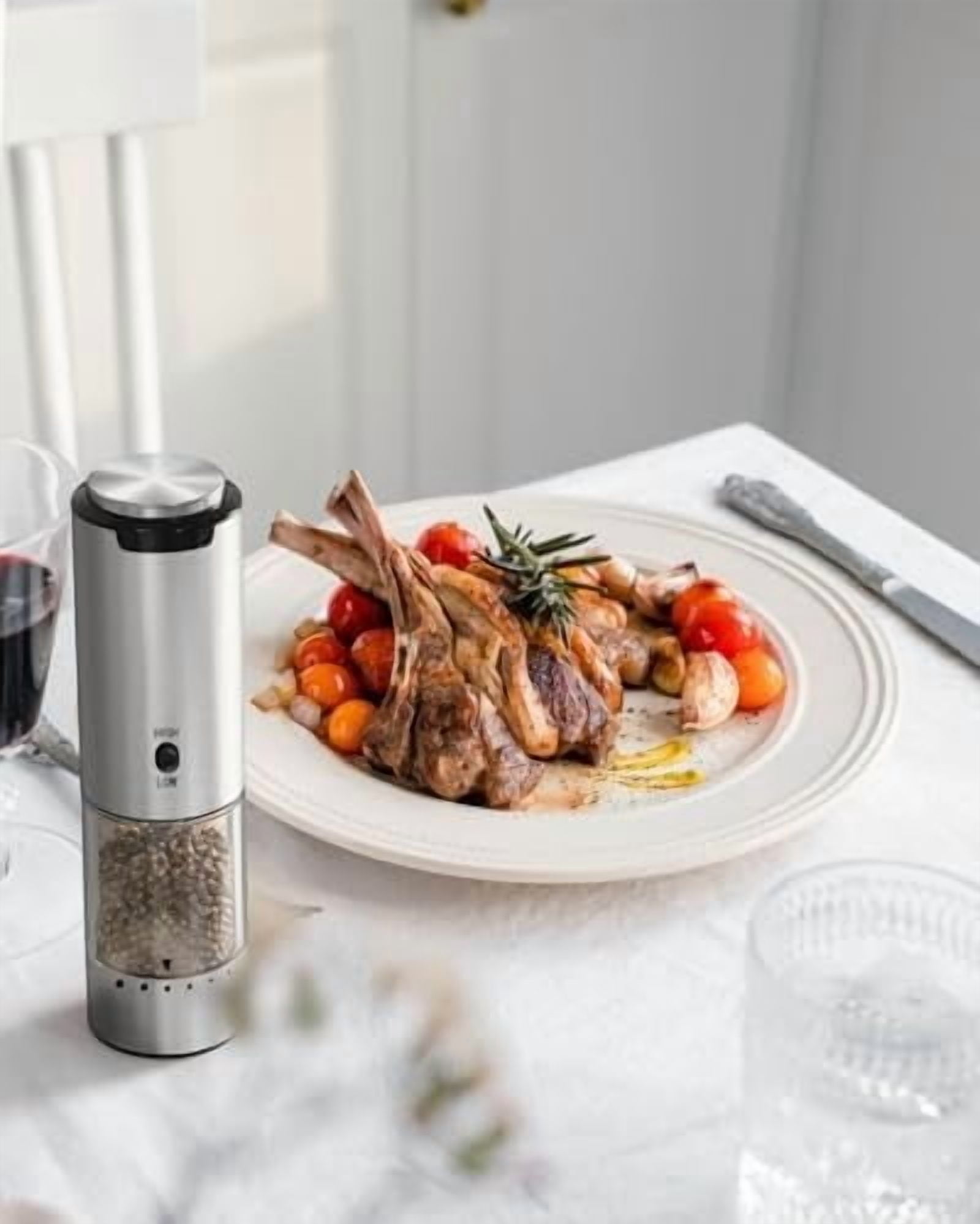 Electric Pepper Grinder Stainless Steel Rechargeable Pepper Mill with Variable Grinding Speed, External Adjustable Coarseness, 95ml Container and White LED Light, Silver