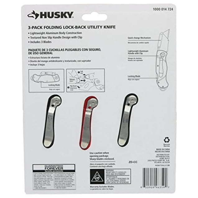 Husky Folding Sure-Grip Lock Back Utility Knives Multi Pack (3 Piece Set: 3 x Husky Knives w/ Blades) (Colors Vary)