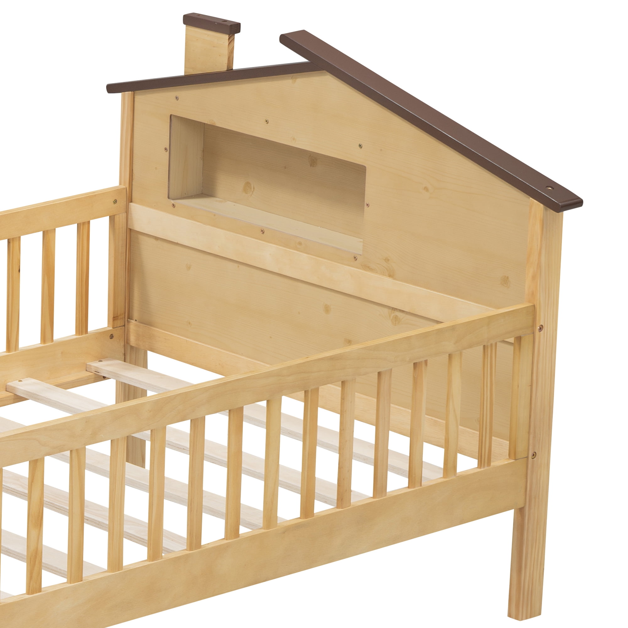 EUROCO Wood Twin Size Platform Bed Frame with House Like Roof and LED Light, Natural