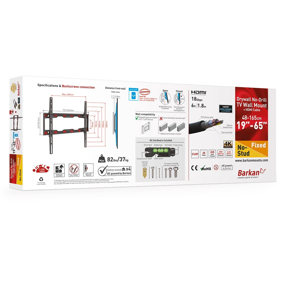 Barkan TV Wall Mount, 19 - 65 inch Fixed, Drywall No Stud No Drill Screen Bracket, Holds up to 82lbs, Auto Lock Patented, Fits LED OLED LCD, 6 ft 4K HDMI Cable Included
