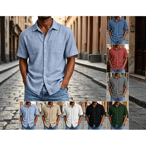 Men's Linen Short Sleeve Shirts Cotton Casual Lightweight Button Down Work Shirt Beach Vacation Summer Tops with Double Pocket White