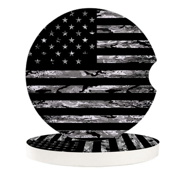 Absorbent Car Coasters for Cup Holders Camouflage American Flag Coasters, Small 2.56inch Ceramic Stone Drink Coaster for Women Men, Retro Black and White 4th of July Gift Set of 2 Pack