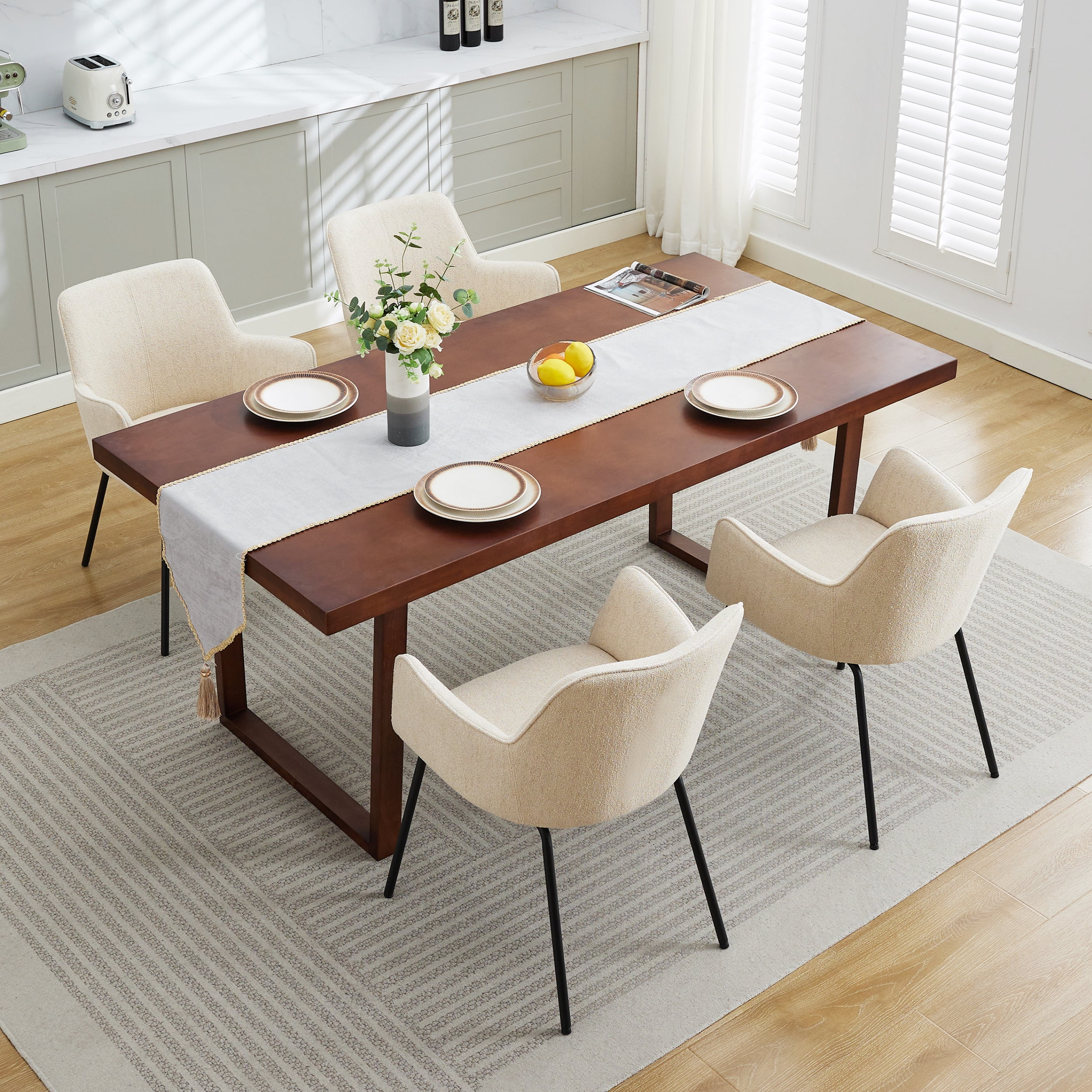 Zesthouse Linen Fabric Dining Chairs Set of 2, Modern Upholstered Small Accent Arm Chairs with Black Legs, Mid Century Comfy Chairs for Living Dining Room, Beige