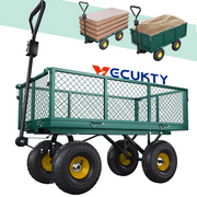 Heavy Duty Steel Dump Garden Cart with Liner, Vecukty Outdoor Utility Lawn Yard Wagon 600lb 3 cu ft Capacity , Garden Cart with Removable Sides and 10 Inch Pneumatic Wheels - Green