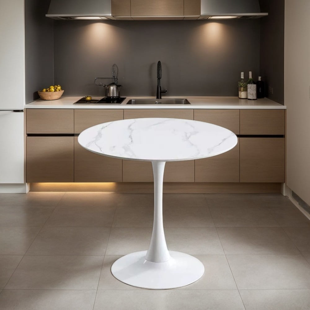 24" Round Dining Table, Modern Tulip Kitchen Table with MDF Top and Steel Pedestal Base, Mid Century Coffee Table for Living Room, Apartment, White