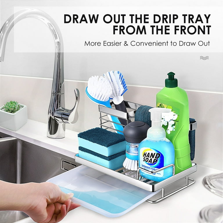 Kitchen Sink Organizer with Removable Drain Pan, Upgraded 3 in 1 Sponge  Holder for Sponge Scrub Dish Soap, Great for Countertops, Kitchen, Bathroom  Storage, Rust Resistant, Large Capacity, Black 