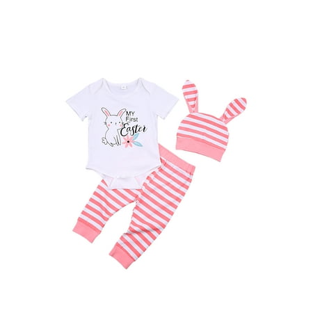 

jaweiw Three Piece Baby Easter Clothes Set Cute Rabbit Letter Long Sleeve Romper and Stripe/Print Long Pants with Hat