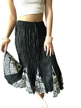 Mogul Women Gypsy Long Skirt, Crinkled Skirt, Black White Printed A-line Cotton Boho Festive Skirts M