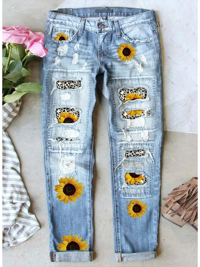 Dokotoo Women's High Waisted Sunflower Printed Distressed