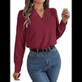 thumbnail image 3 of Blusas Elegantes e Informales para Mujer, con Cuello en V Triple, Larga, para Trabajo y Negocios Vino Tinto M, 3 of 10