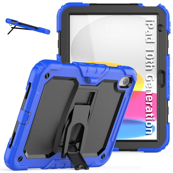 ELEHOLD for iPad 10th Generation 2022 10.9 inch Ragged Case, Soft Silicone Hard PC Shoulder Strap Built-Kickstand Anti-Drop Shockproof Heavy Duty Protective Cover Case,Darkblue