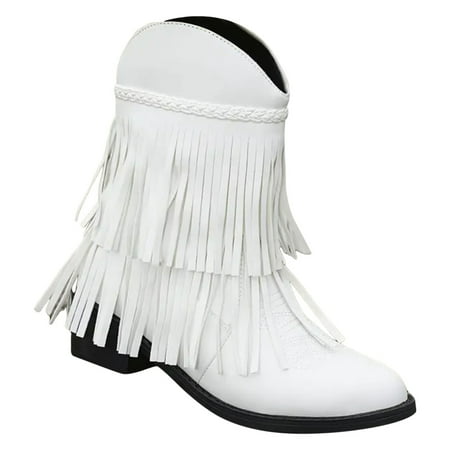 

DVKOVI Leather Cowboy Boots for Women Women s Ankle Boots & Booties Women s Fashionable Warm Round Head Flock Tassels Short Boots High Heel Boots for Women Boot for Ladies Fall Winter White 43