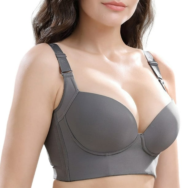 keepw Women Deep Cup Bra with Wire Anti-sagging Underarm Shapewear V Neck  Push Up Back Closure Sexy Underwear Lingerie Gray CDE 34 