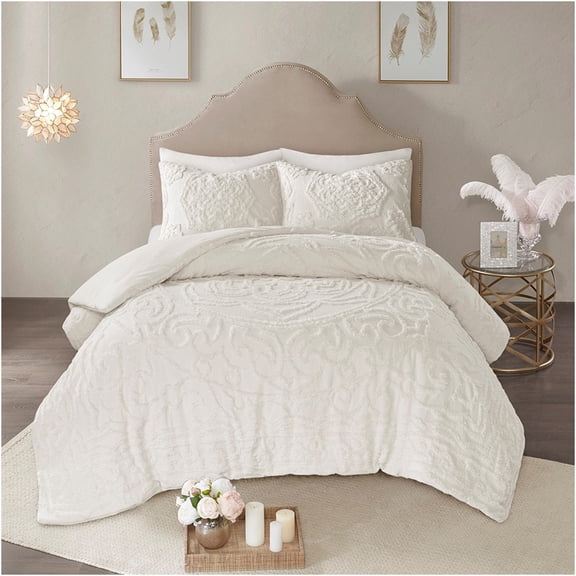 JERFIT All-Season King Size Chenille Comforter Set with Shams, Off-White Tufted Cotton Bedding, OEKO-TEX Certified, Boho Chic Design