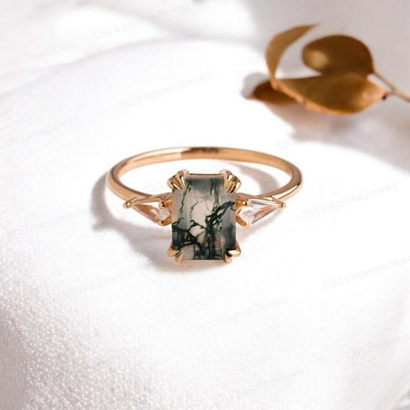 CHIRAGEMSJEWEL 8X6MM / 1.5ct Moss Agate Bridal Wedding Engagement Ring , Art Deco Diamond Ring Proposal Gift for Girlfriend