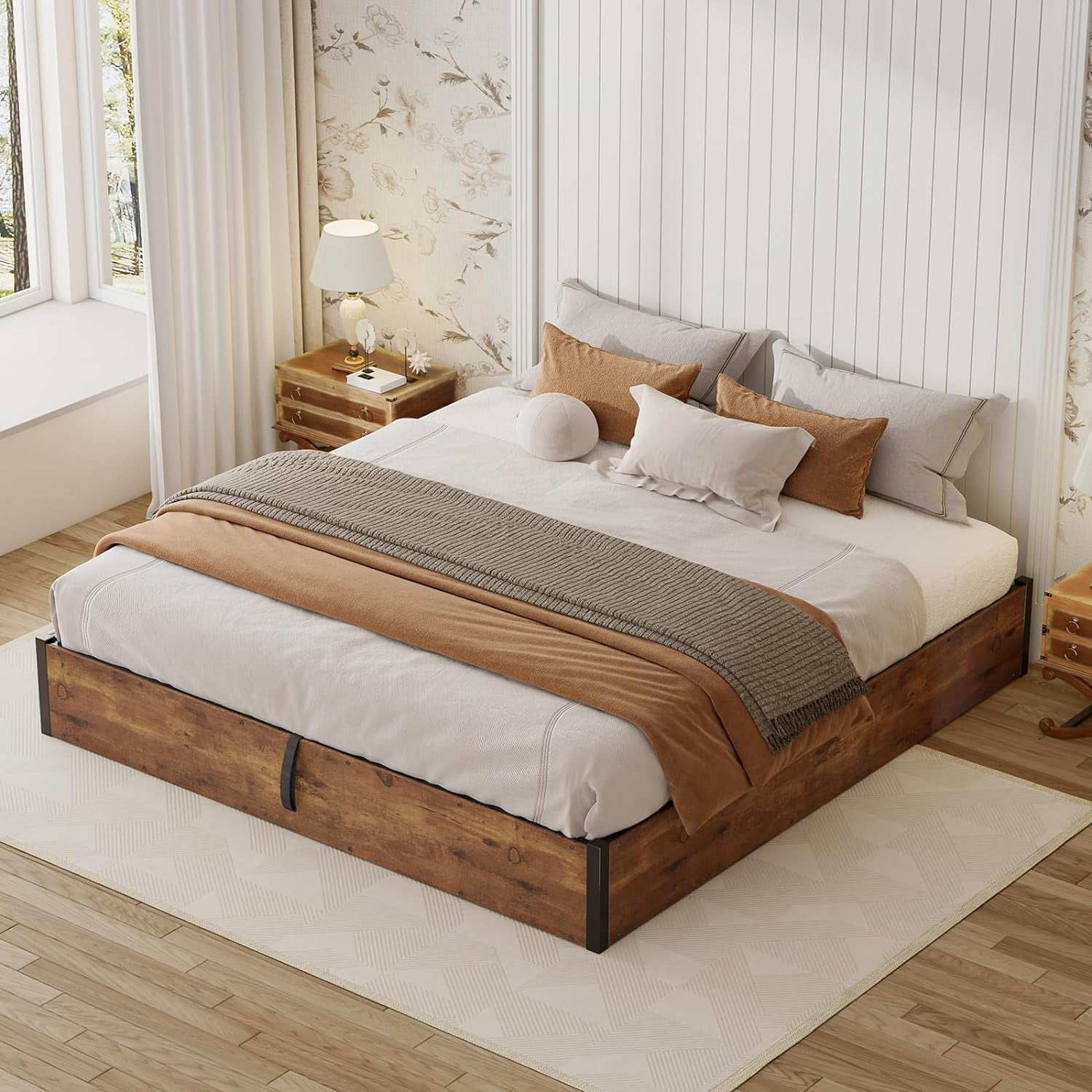 VanAcc King Size Lift Up Storage Platform Bed Frame, Metal Bed Frame with Wooden Slats Support, Large Storage Space, Easy Assembly, Rustic Brown
