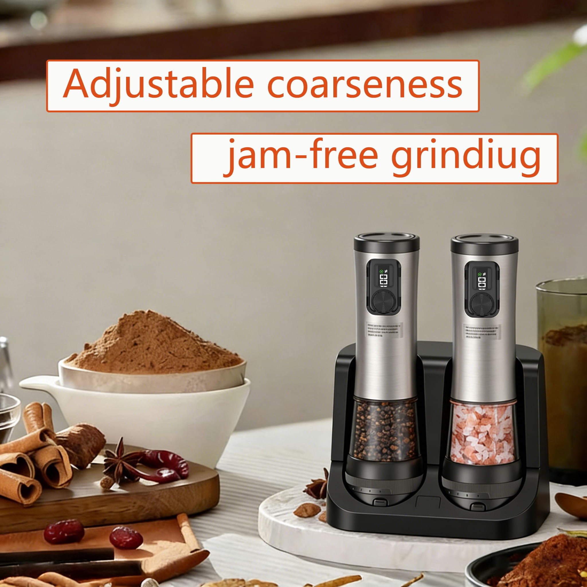 Electric Salt and Pepper Grinder Set - Ceramic Grinder, Automatic Mills, Rechargeable Base with Battery Indicator, Stainless Steel Shakers, 5-Level Coarseness Adjustment for Modern Kitchen