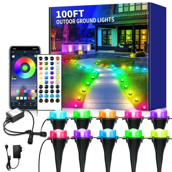 100FT RGB Outdoor Ground Lights, Color-Changing Path Lights with Remote and APP Control,IP67 Waterproof Wired Pathway Light for Garden, Courtyard, Lawn and Patio – Ideal for Festivals, Parties