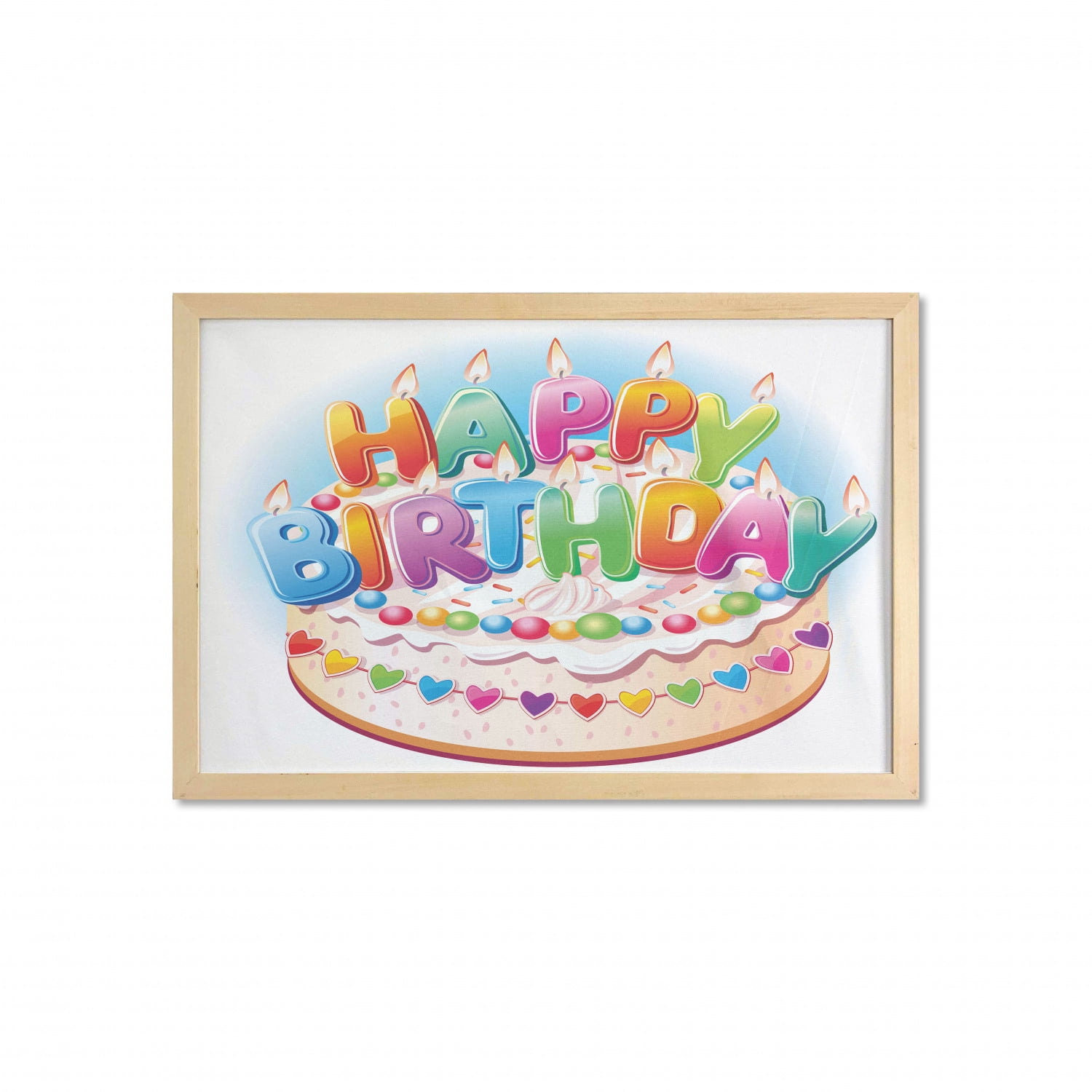 Birthday Party Wall Art with Frame, Cartoon Style Happy Birthday Party  Image Cake Candles Hearts Design Print, Printed Fabric Poster for Bathroom  Living Room, 35