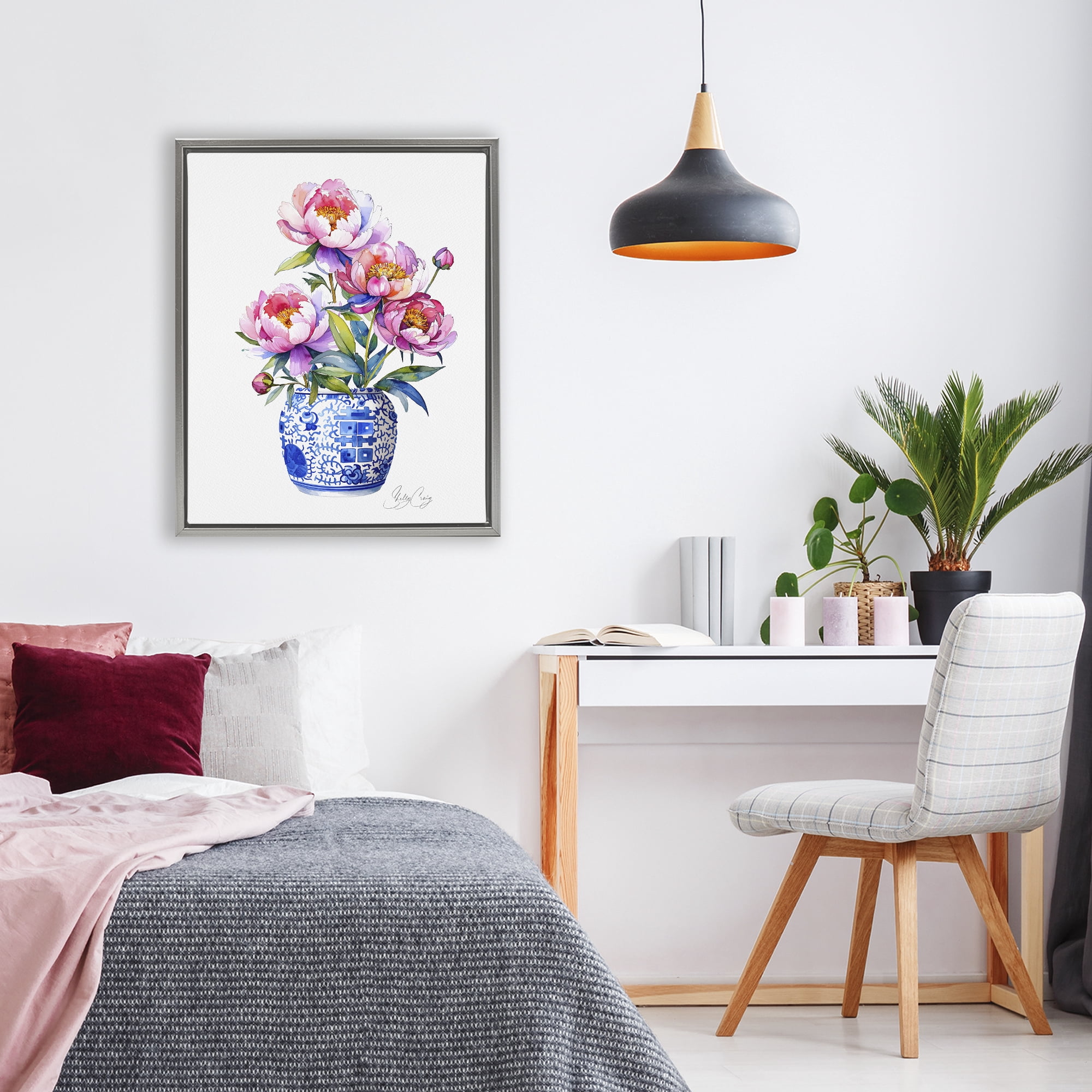 Stupell Industries Blue Dynasty Blooms Gray Framed Floater Canvas Wall Art, design by Shelly Craig