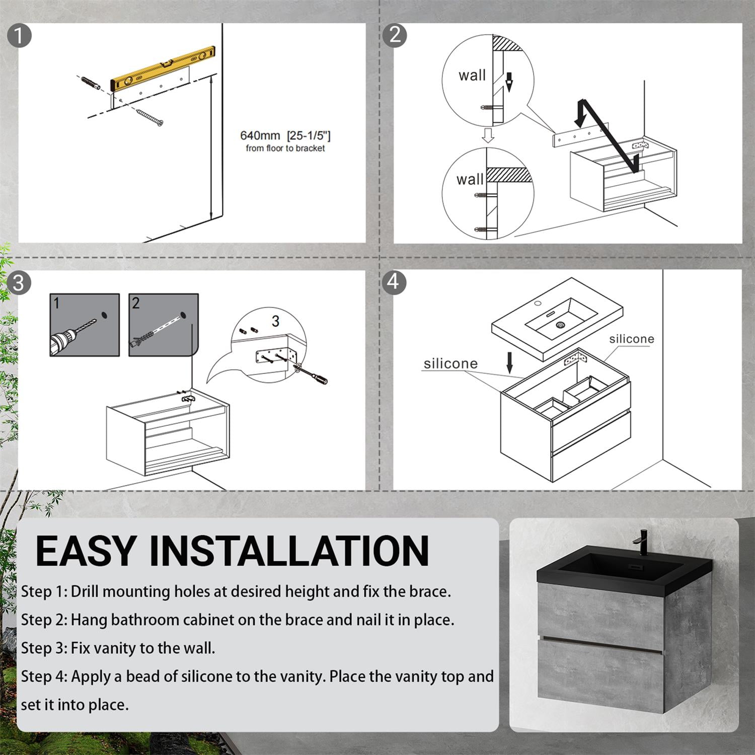 Demi Bonn 23" Floating Bathroom Vanity with Sink, Black Quartz Sand Top Basin and 2 Soft Close Drawers, Faucets and Drains Not Included, Gray