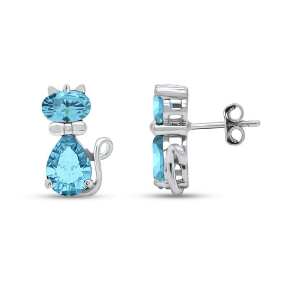AFFY Pear & Oval Shape Simulated Aquamarine Cute Animal Kitty Cat Stud Earrings In 14k White Gold Over Sterling Silver