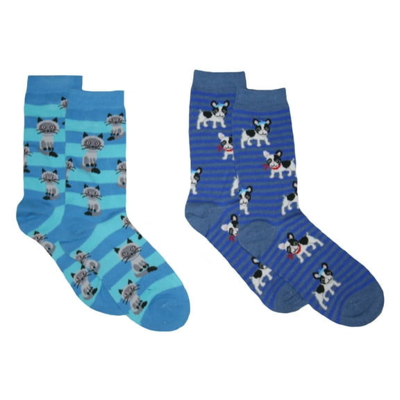 DAVCO Women's 2-Pack Striped Dog & Cat Crew Socks 9-11